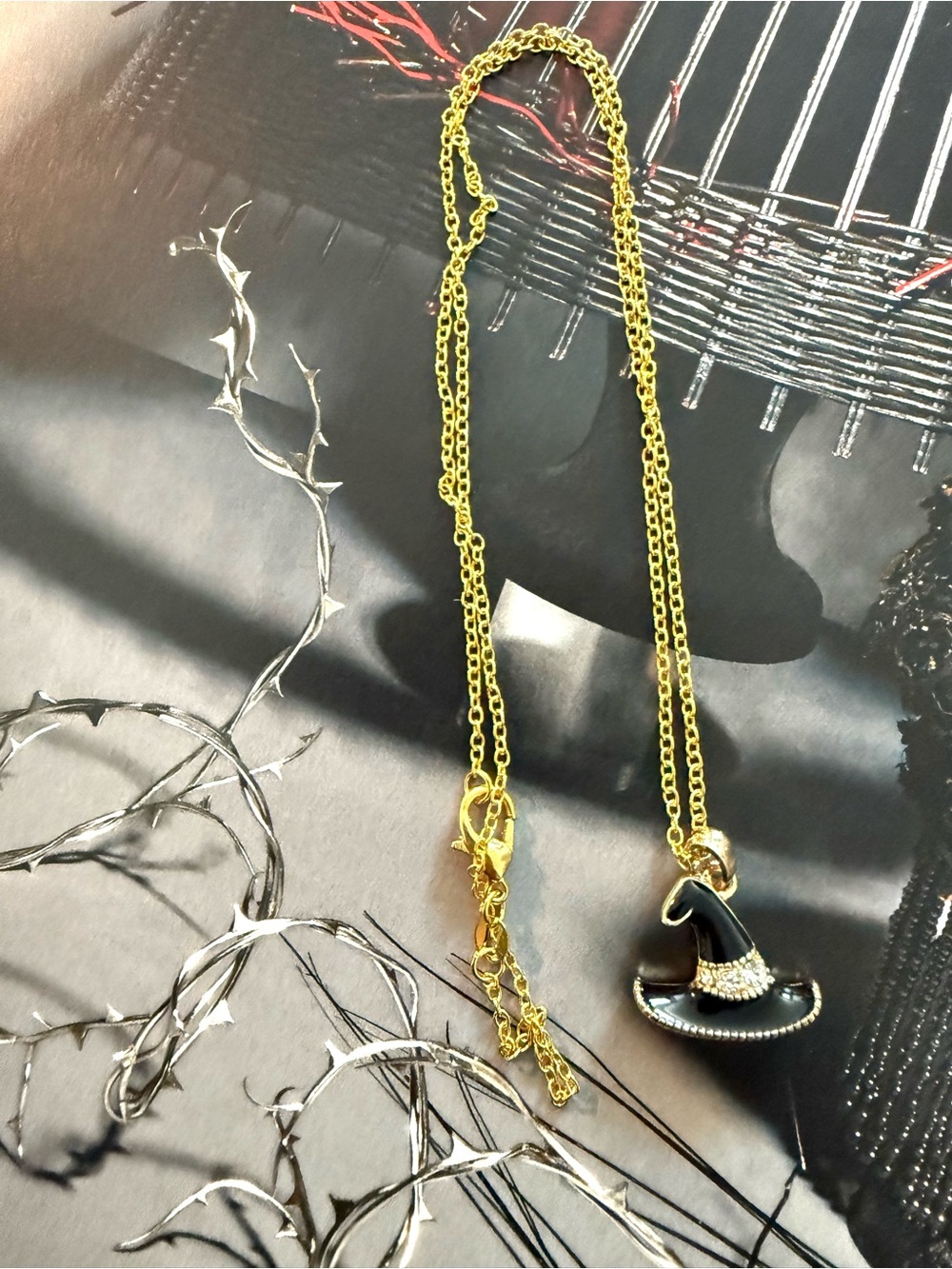 Gold Chain Necklace with Black Witch Hat Pendant